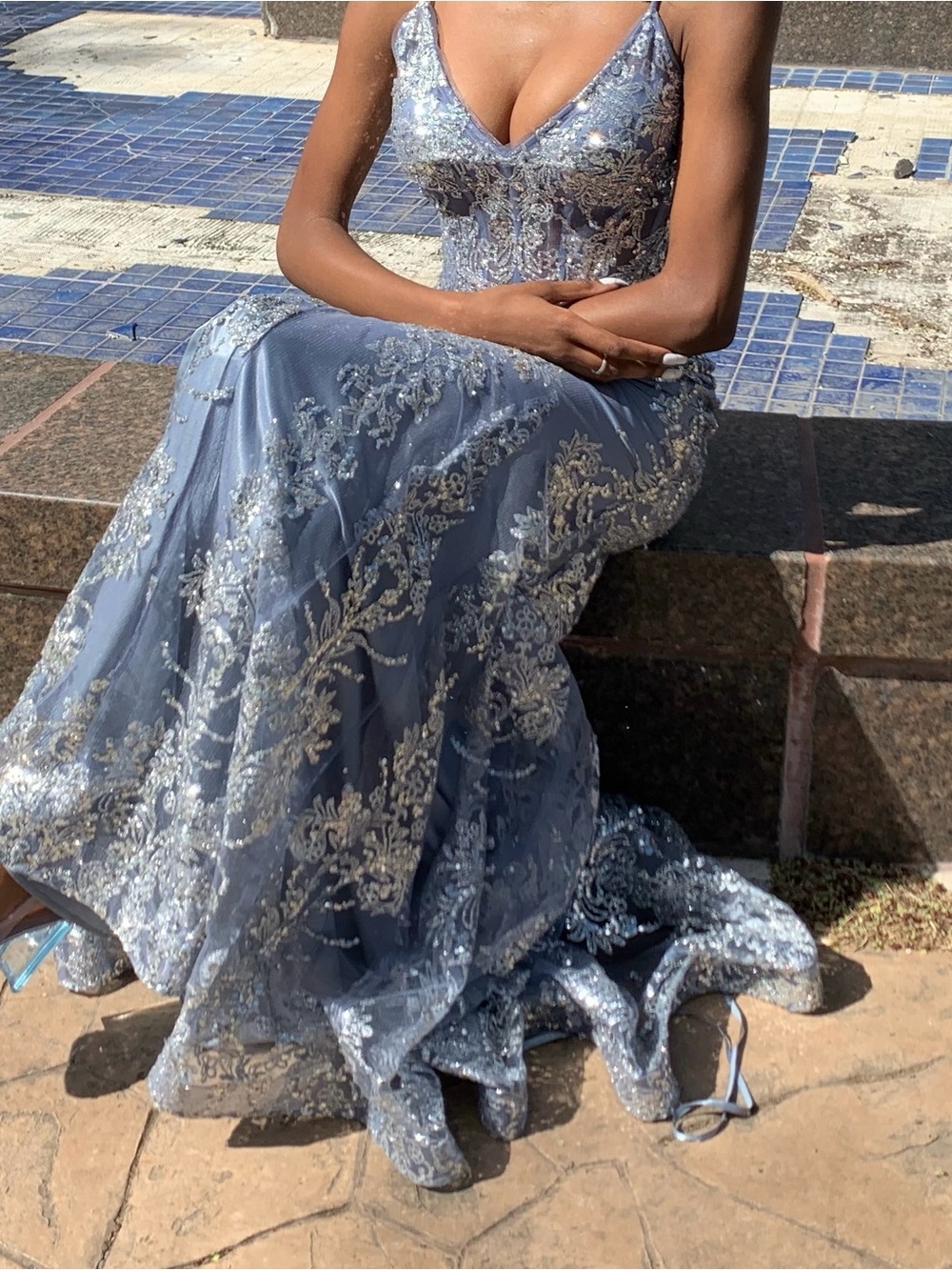Elegant Embellished Blue Evening Gown - Sleeveless V-Neck